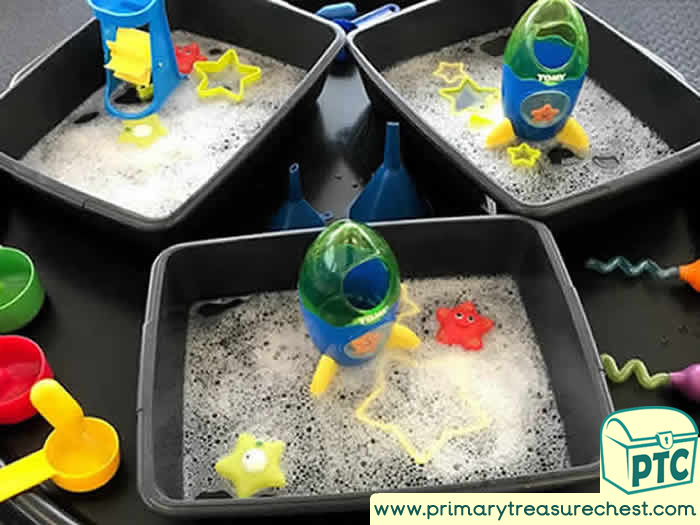 Space Water Play  Rockets and Stars tuff tray - Role Play Sensory Play - Tuff Tray Ideas Early Years / Nursery / Primary