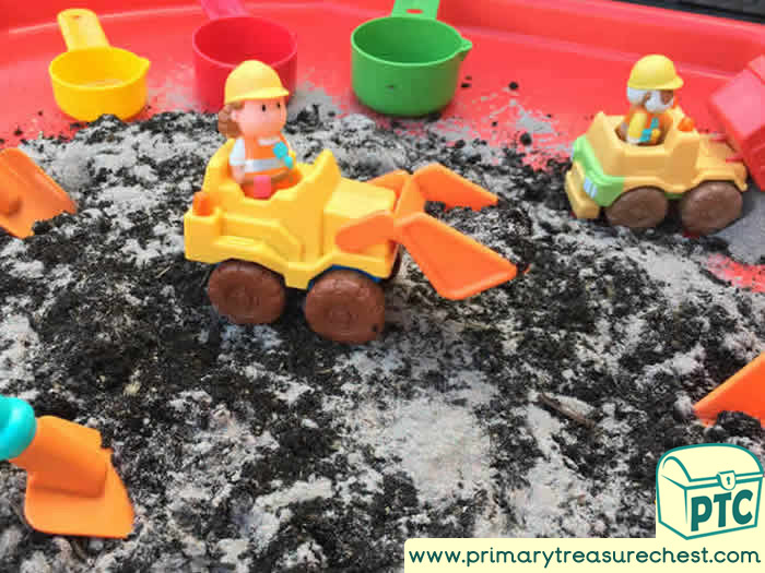 Transport Themed Playdough Construction / Building Site with diggers - Role Play Sensory Play- Tuff Tray Ideas Early Years / Nursery / Primary