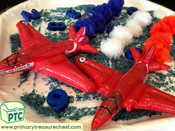 Transport - Aeroplanes in a tuff tray - Red Arrows - Maths  - Number