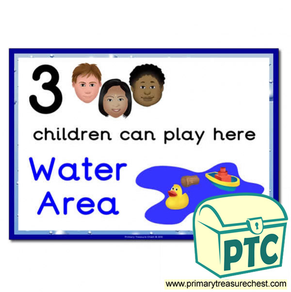 Water Area Sign - Images Provided - 3 children can play here - Classroom Organisation Poster