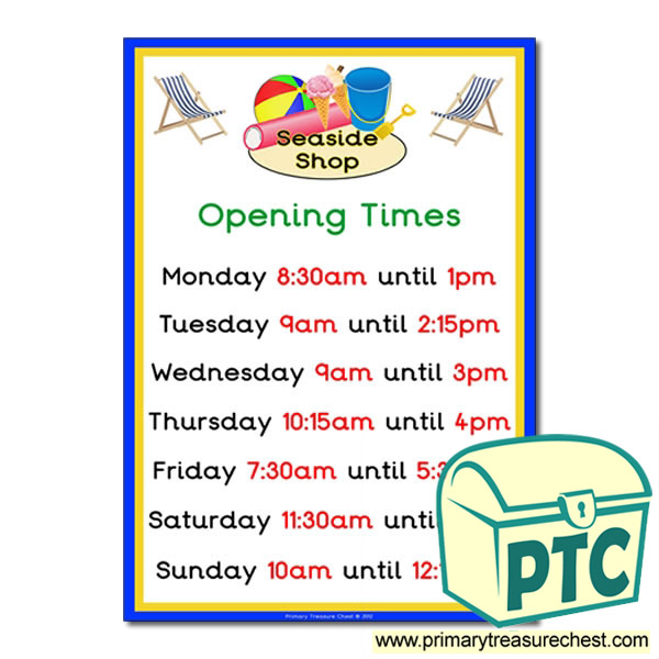 Seaside Shop Opening Times (Quarter & Half Past)