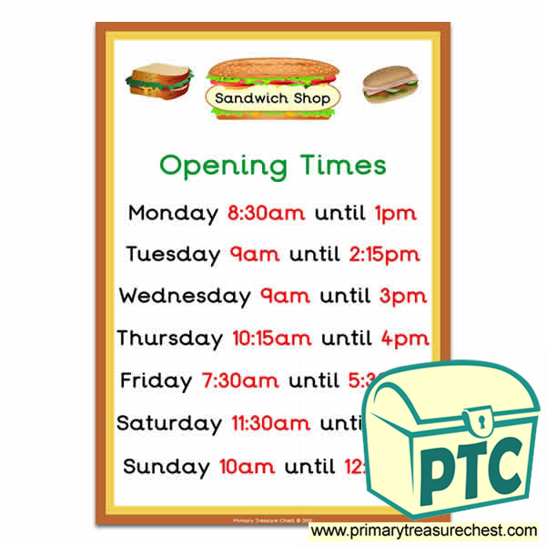 Sandwich Shop Role Play Opening Times (Quarter & Half Past)
