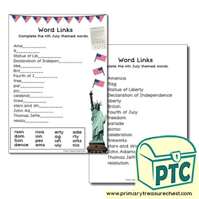  Independence Day / 4th July Word Link Worksheet