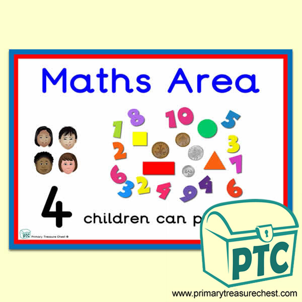 Maths Area Sign - Number Pattern Images Provided  '4 children can play here' - Classroom Organisation Poster
