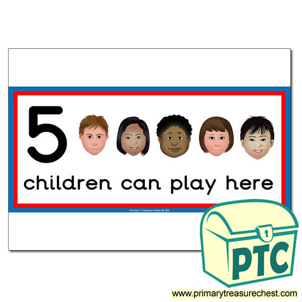 Maths Area Sign - Images of Faces - 5 children can play here - Classroom Organisation Poster