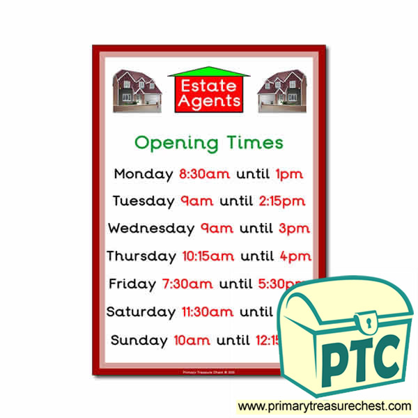 Role Play Estate Agents Opening Times Poster (Quarter & Half Past)