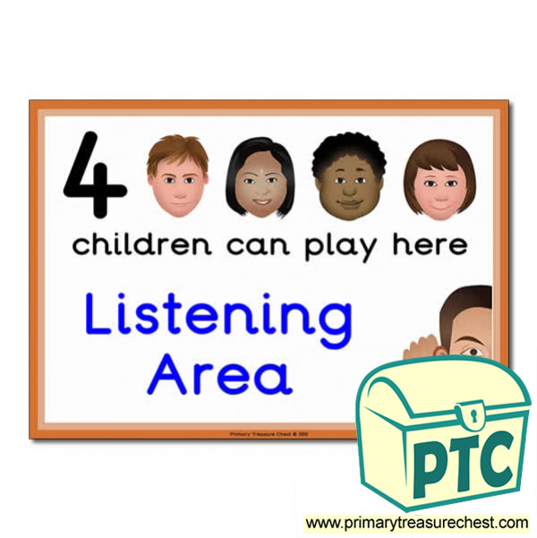 Listening Area Sign - Images Provided - 4 children can play here - Classroom Organisation Poster