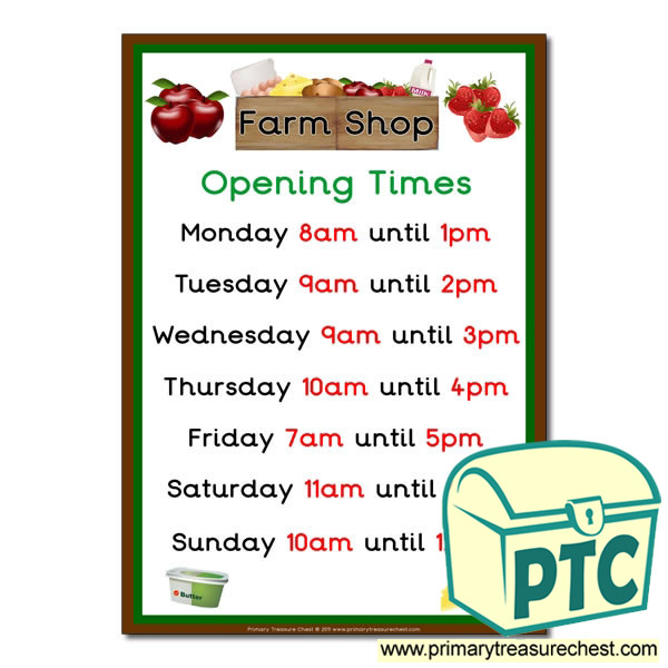Farm Shop Role Play Opening Times Sign (O'clock times)