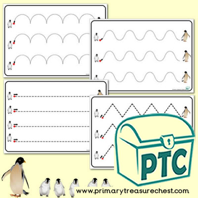 Four Penguin themed Pre-Writing Pattern Sheets
