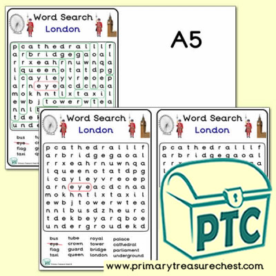 London Themed A5 Word Search Worksheet - Small Text Area