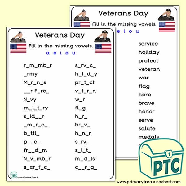Veterans Day Missing Vowels Worksheet