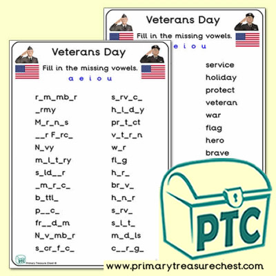 Veterans Day Missing Vowels Worksheet
