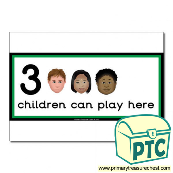 Irish Area Sign - Images of Faces - 3 children can play here - Classroom Organisation Poster