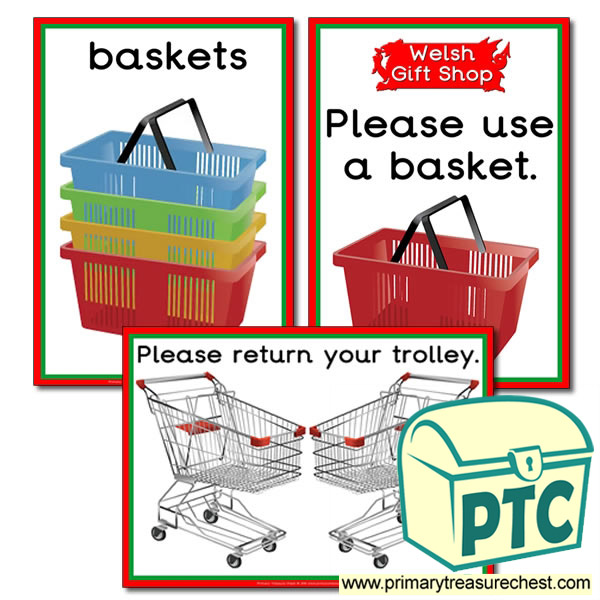 Role Play Welsh Gift Shop Basket / Trolley Signs