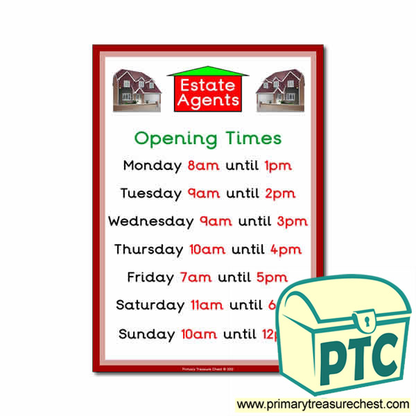 Role Play Estate Agents Opening Times Poster (O'clock)