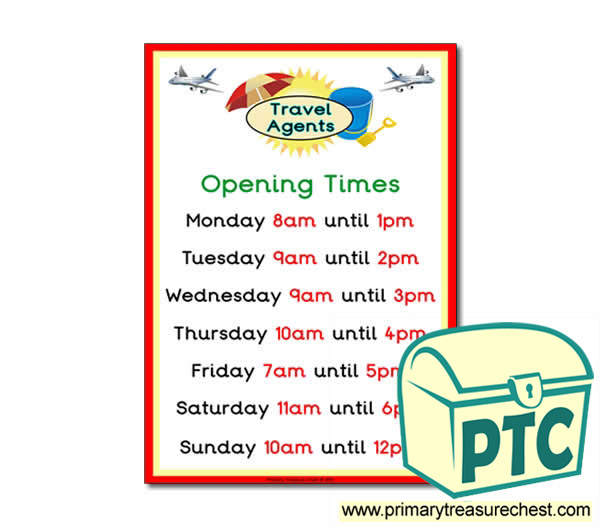  Role Play Travel Agents Opening Times Poster (O'clock)