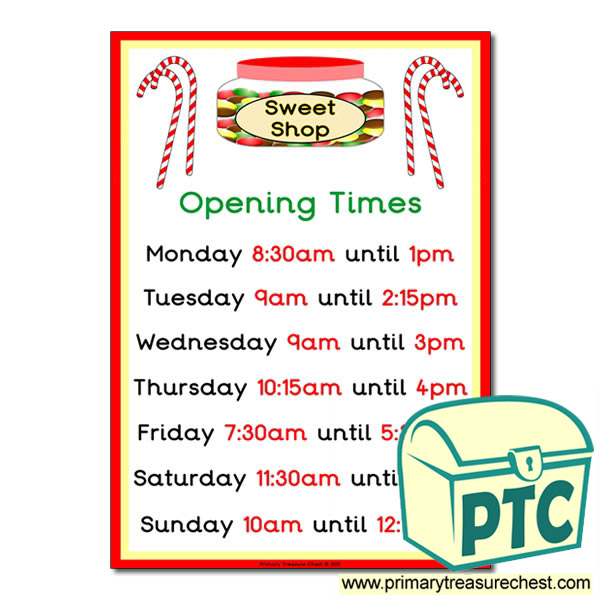 Role Play Sweet Shop Opening Times Poster (Quarter & Half Past Times)
