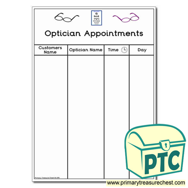 Opticians Role Play Apointments Worksheet