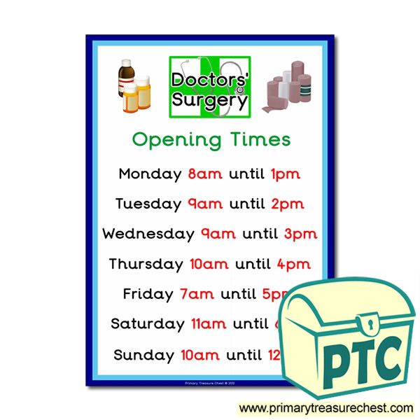 Doctors' Surgery  Role Play Opening Times Sign (O'clock times)
