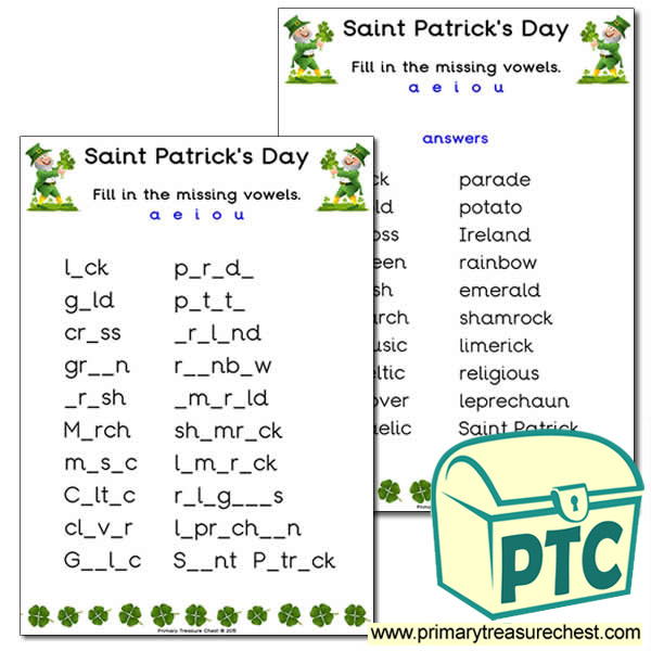  Saint Patrick's Day Missing Vowels Worksheet