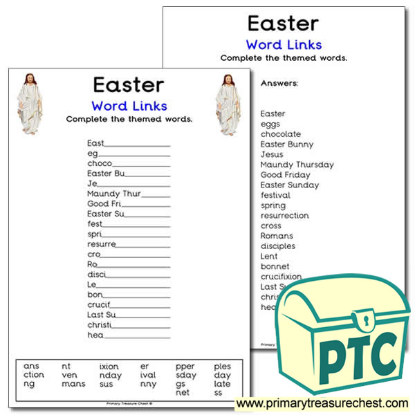 Easter Story themed word link worksheet. Complete the  words.