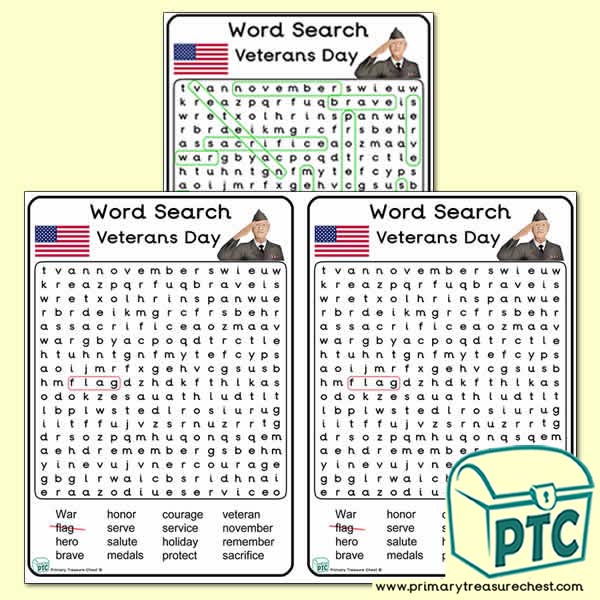 Veterans Day Word Search Worksheet A5 Primary Treasure Chest