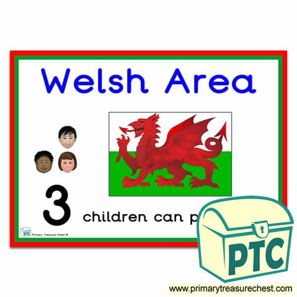Welsh Area Sign - Number Pattern Images Provided  '3 children can play here' - Classroom Organisation Poster