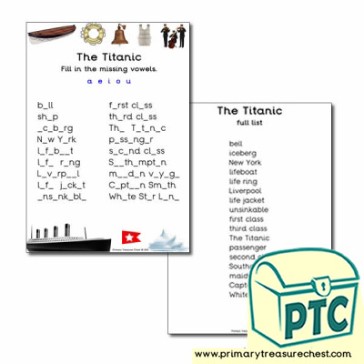 Titanic Themed Missing Vowels Worksheet