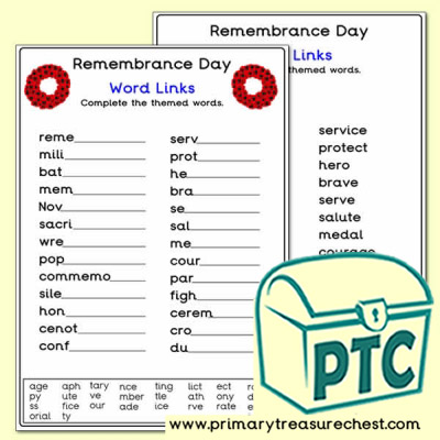 Remembrance Day Word Link Worksheet