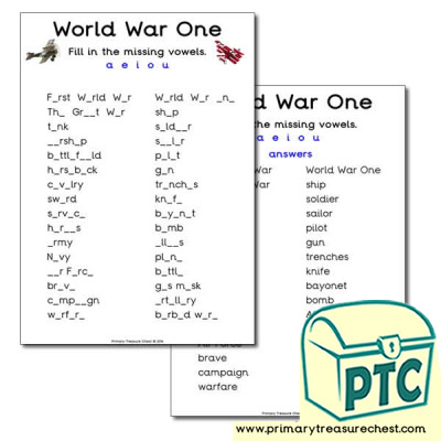 World War One Missing Vowels Worksheet