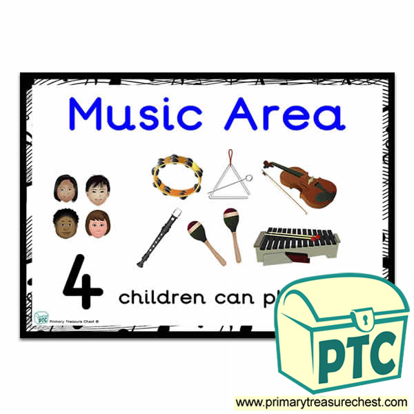 Music Area Sign - Number Pattern Images Provided  '4 children can play here' - Classroom Organisation Poster
