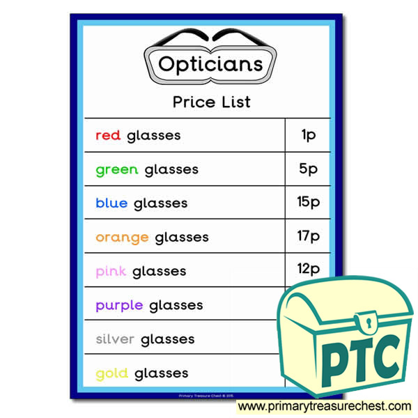 Opticians Role Play Price List (1-20p)