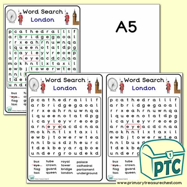 London Themed A5 Word Search Worksheet - Small Text Area