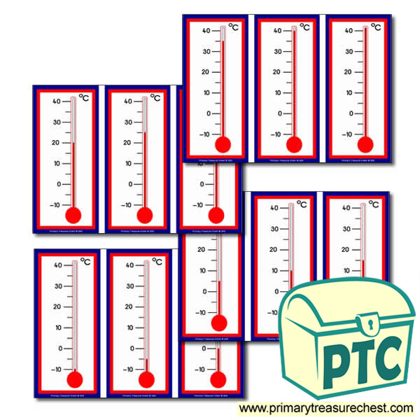 Thermometer themed flashcards, 3 per A4 sheet. With different temperatures showing.