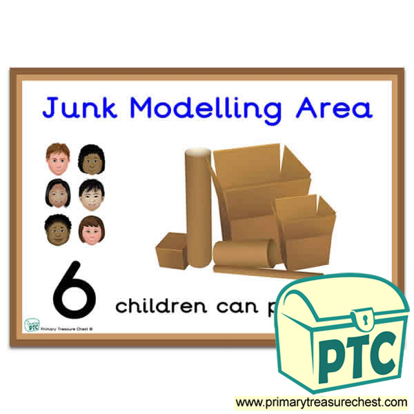 Junk Modelling Area Sign - Number Pattern Images Provided  '6 children can play here' - Classroom Organisation Poster