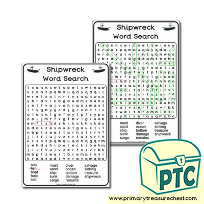 Shipwreck Themed A4 WordSearch Worksheet