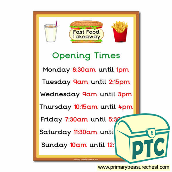 Fast Food Takeaway Role Play Opening Times (Quarter & Half Past)