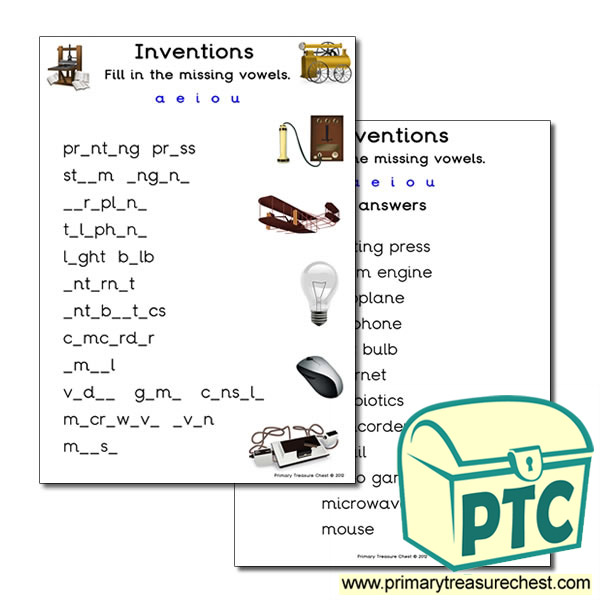 Inventions Themed Missing Vowels Worksheet