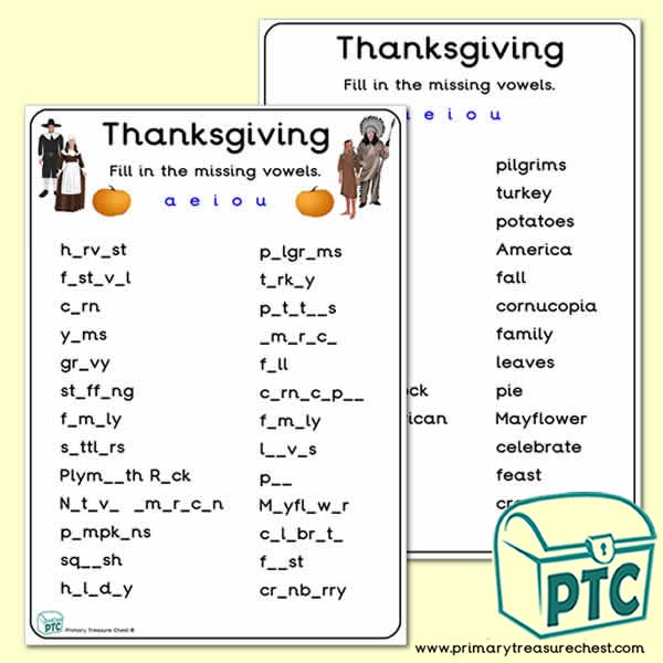 Thanksgiving Missing Vowels Worksheet