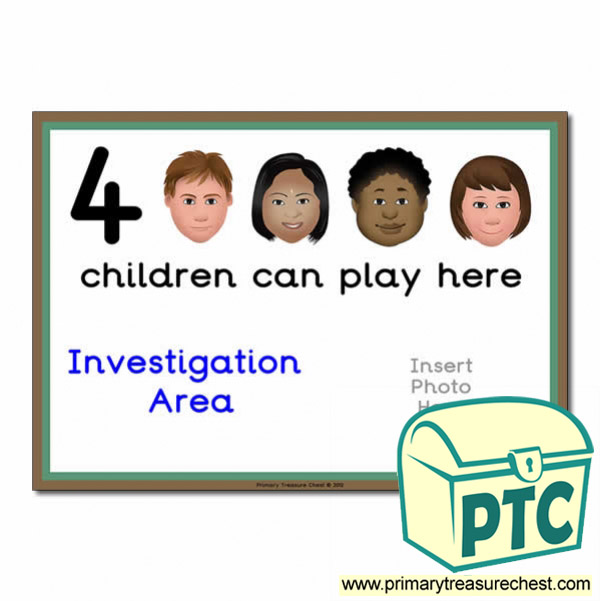 Investigation Area Sign - Add Your Own Image - 4 children can play here - Classroom Organisation Poster