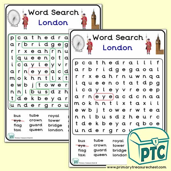 London Themed A4 Word Search Worksheet - Small Text Area