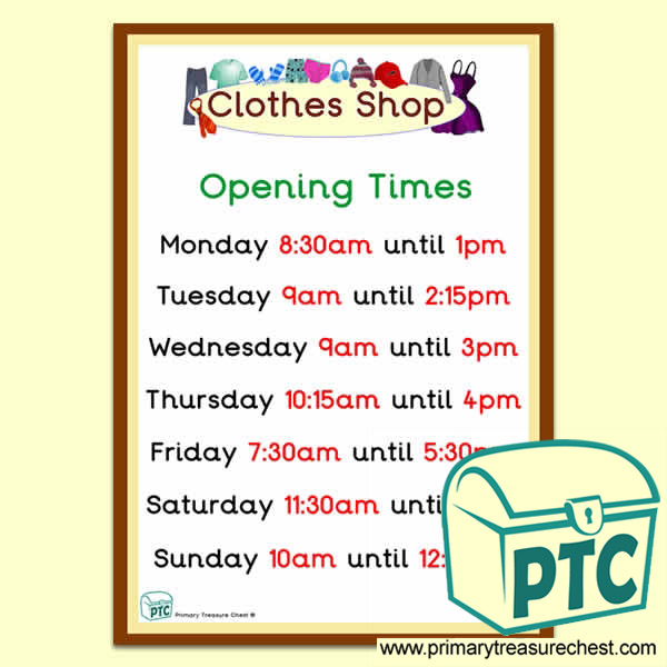 Clothes Shop Role Play Opening Times (Quarter & Half Past)
