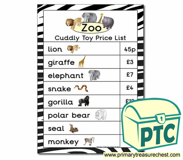 Zoo Gift Shop Toy Price List - 21p-£99