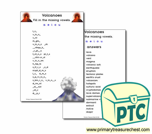 Volcano Themed Missing Vowels Worksheet