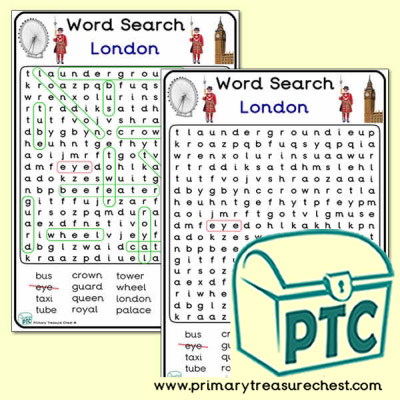 London Themed A4 Word Search Worksheet - Large Text Area