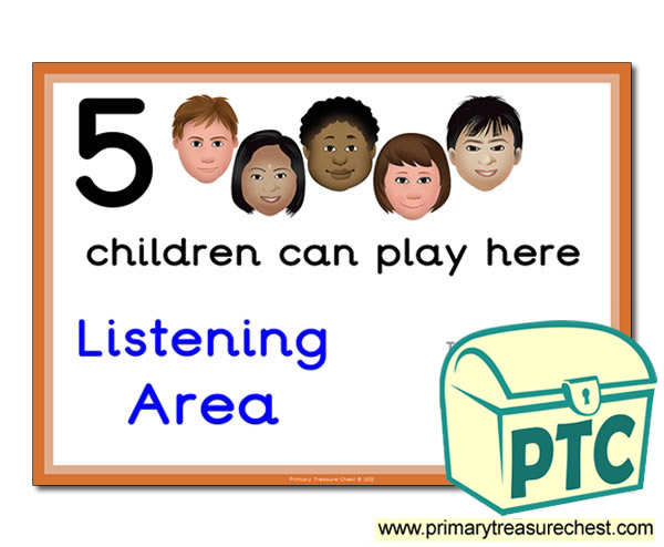 Listening Area Sign - Add Your Own Image - 5 children can play here - Classroom Organisation Poster