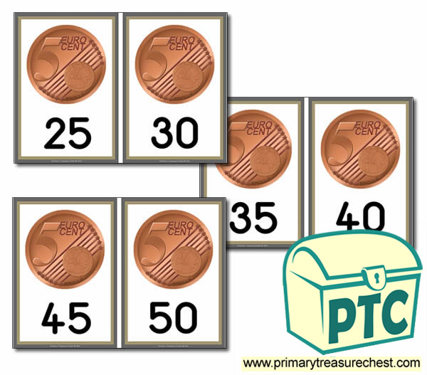 5c Euro Coins - Counting in 5c Cards (25 to 50)