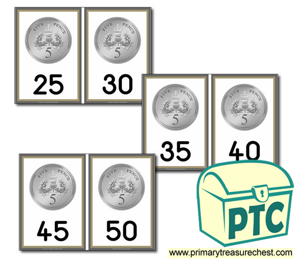  5p Coins - Counting in 5s Cards (25 to 50)
