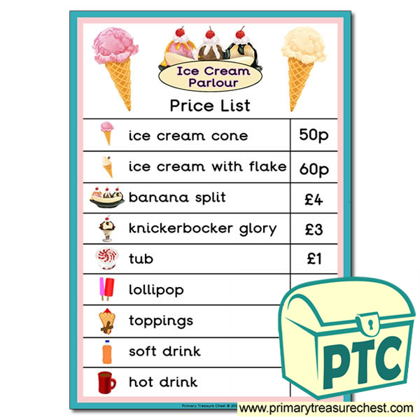 Ice Cream Parlour Price List - 1p-£99