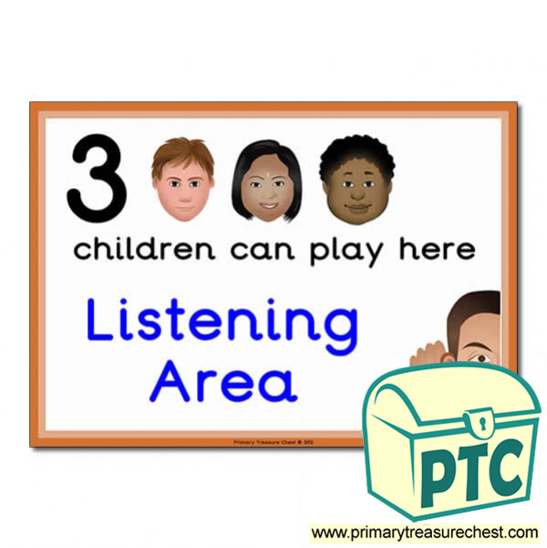 Listening Area Sign - Images Provided - 3 children can play here - Classroom Organisation Poster